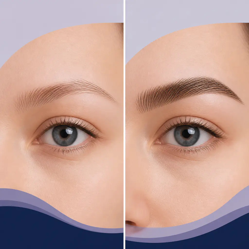 Minoxidil eyebrows before and after concept illustration showing sparse versus fuller brow