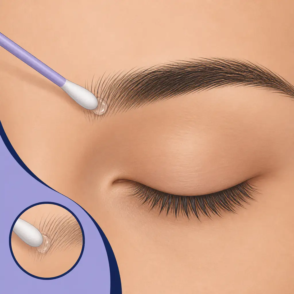 Illustration of correct minoxidil application technique to eyebrow using a cotton swab