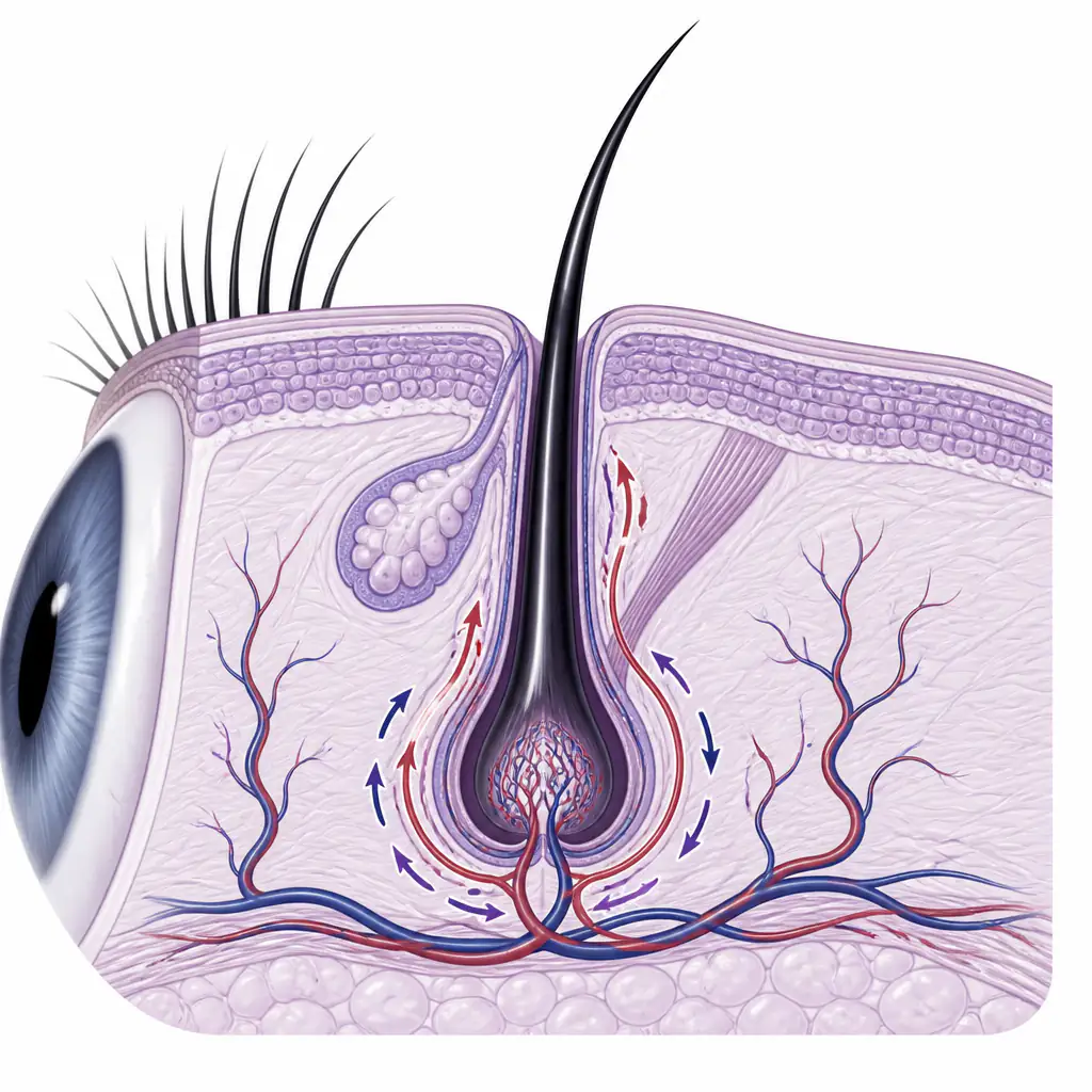 Anatomical diagram of eyelid hair follicle structure showing blood vessel pathways