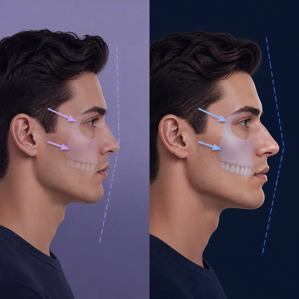 MTN vs HTN facial diagram showing maxillary tilt and eye tilt differences