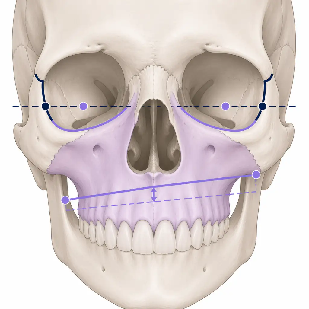 Anatomical diagram of maxillary tilt and horizontal tilt measurement points on the skull