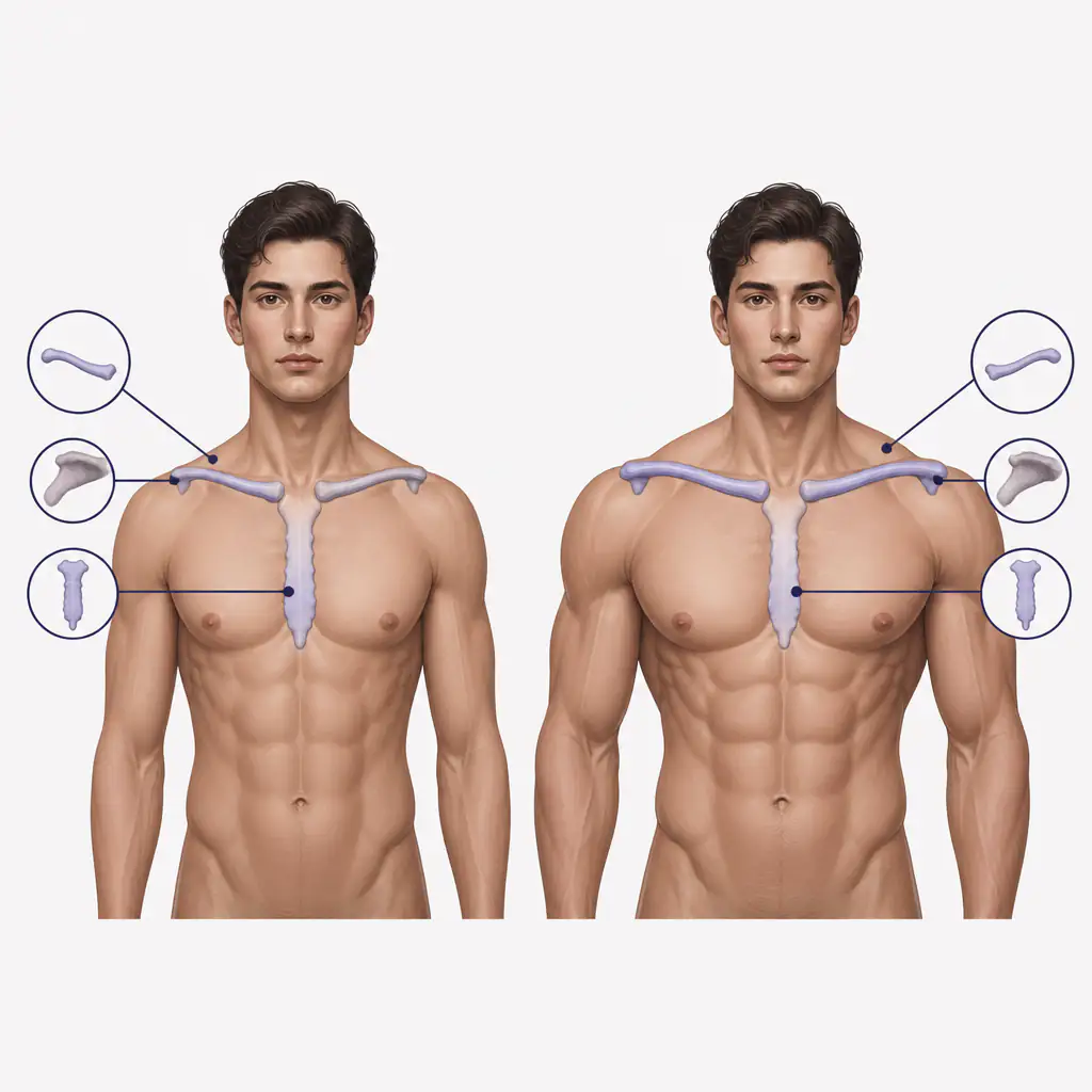 Side-by-side anatomical diagram comparing narrow vs wide clavicles in male torsos