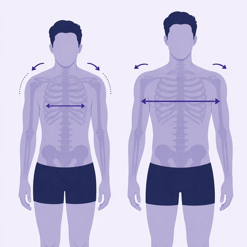 Illustration comparing how posture affects shoulder width appearance in men with narrow clavicles