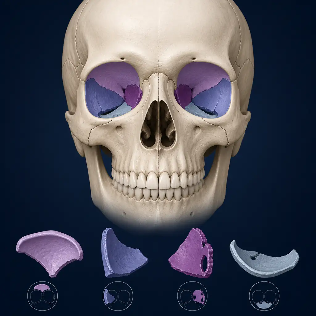 Anatomical diagram of the orbital box osteotomy bony structure in a human skull