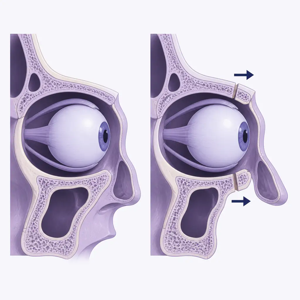 Diagram comparing globe position before and after orbital box osteotomy movement