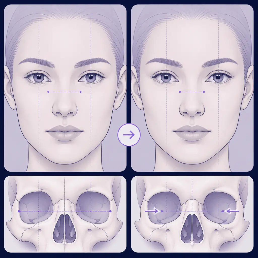 Before and after comparison illustration of orbital box osteotomy effect on canthal tilt and eye position