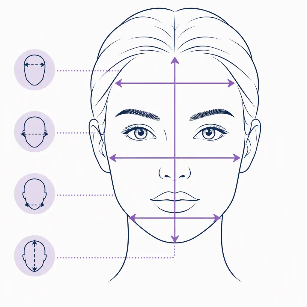Face shape measurement diagram showing forehead, cheekbone, jaw, and length measurements