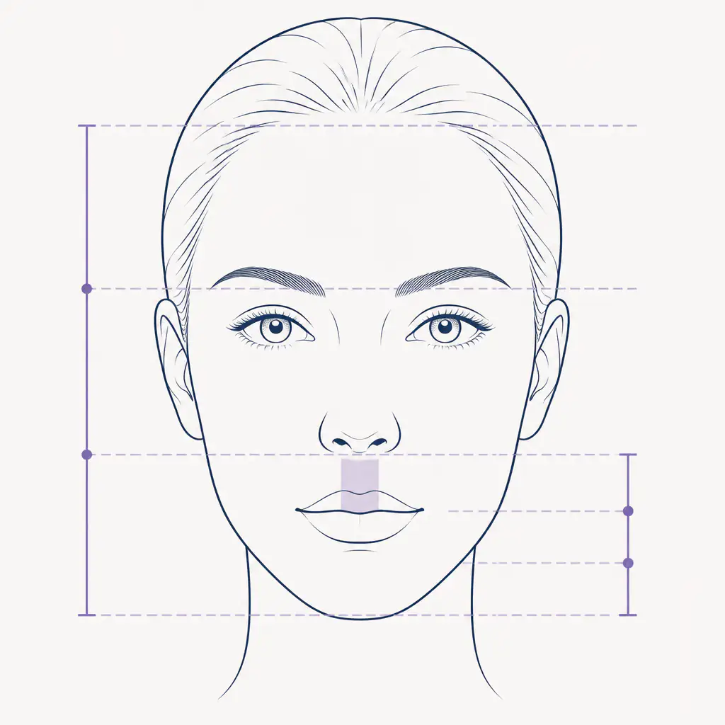 Facial thirds diagram highlighting philtrum position in lower face proportions