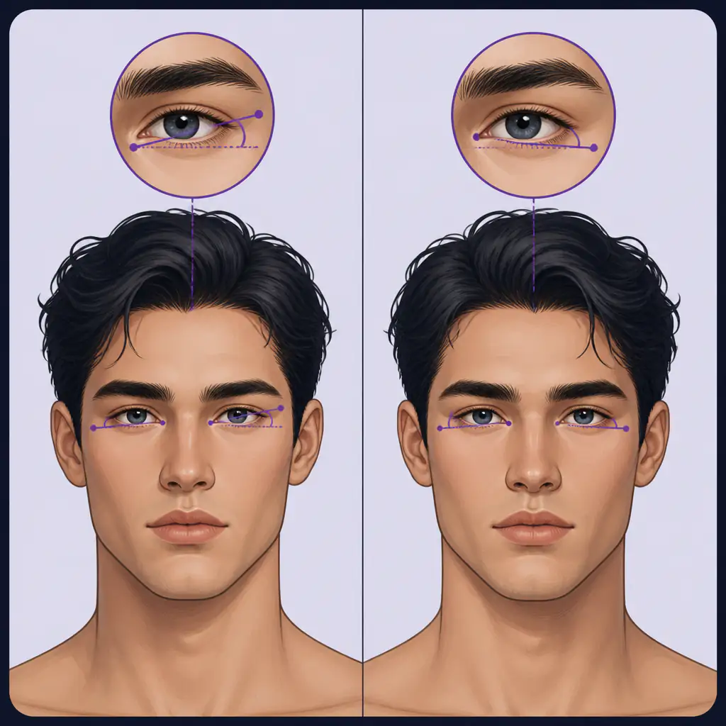 Diagram comparing positive vs negative canthal tilt on two illustrated male faces