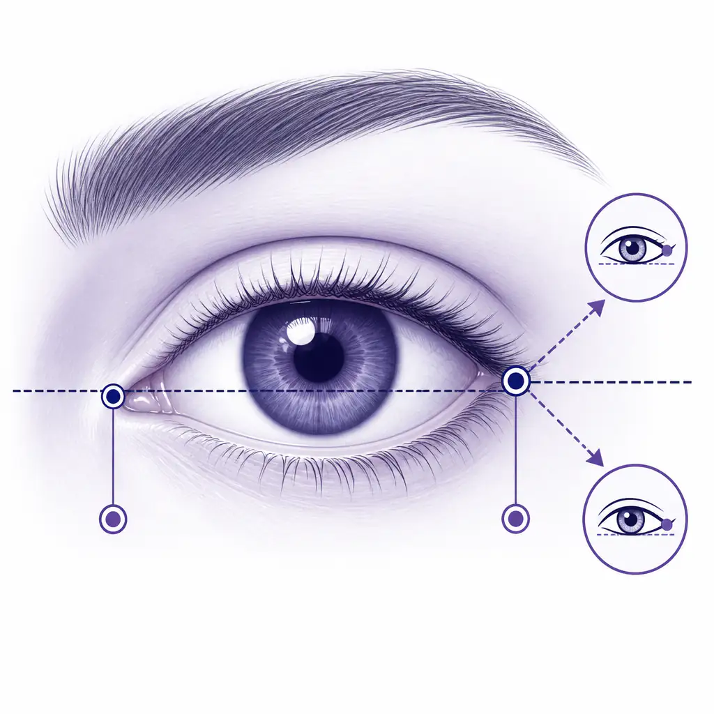 Anatomy diagram of the eye showing medial and lateral canthus with canthal tilt angle reference lines