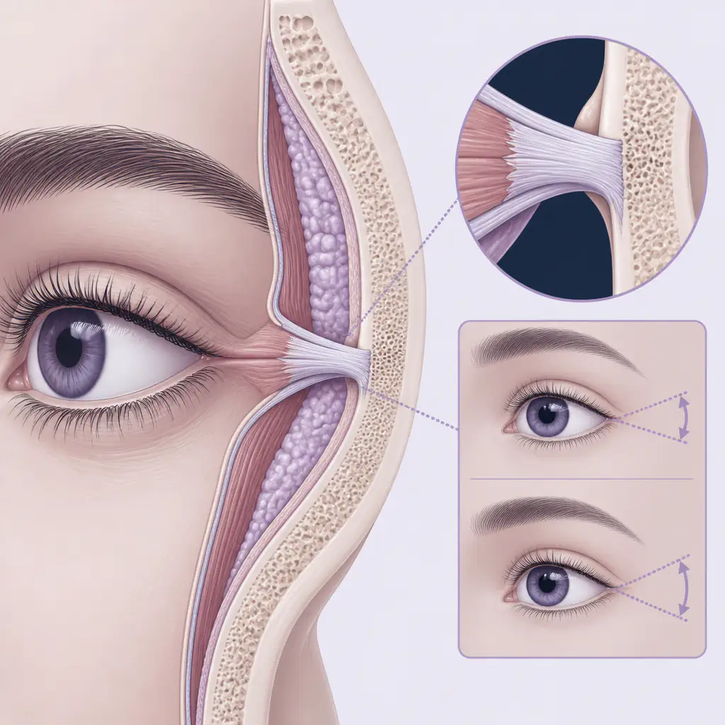 Cross-section diagram of the eye socket showing how orbital bone and canthal tendon determine canthal tilt