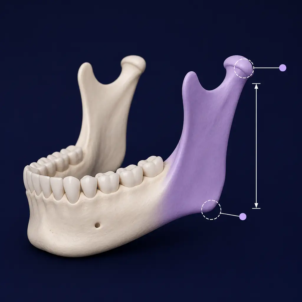 Anatomical diagram of the mandible showing ramus length measurement between gonion and condylion