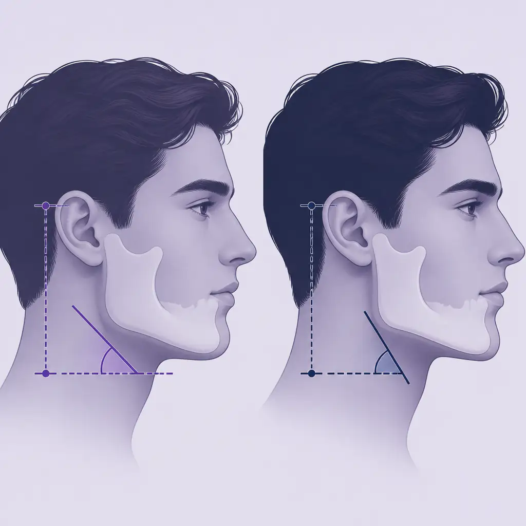 Comparison diagram showing how different ramus lengths and gonial angles affect jaw profile appearance