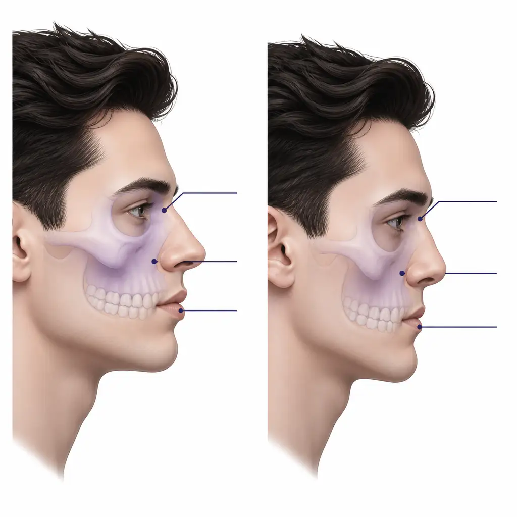 Side-by-side profile comparison of recessed vs normal maxilla facial structure