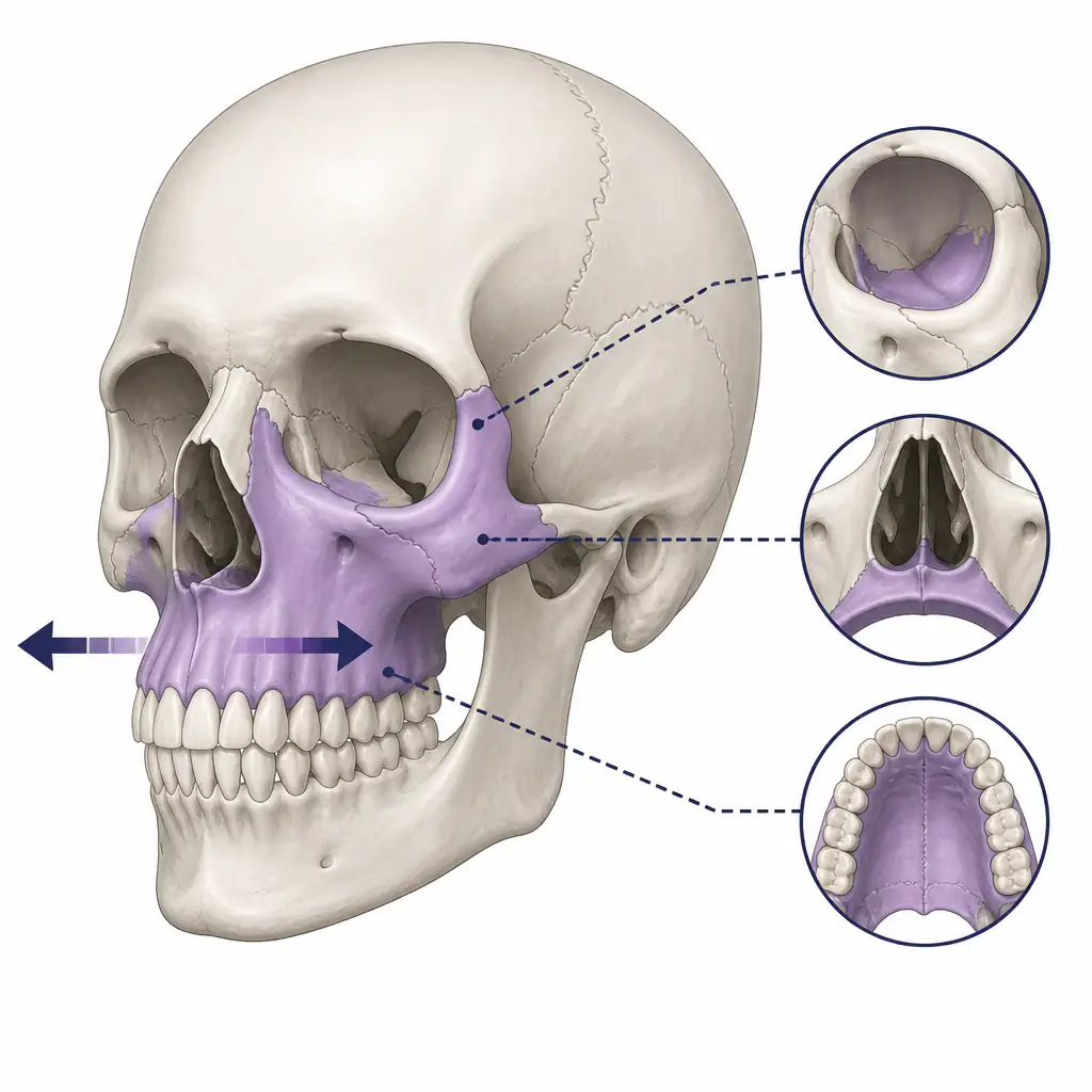 Anatomical diagram of the maxilla bone and its relationship to midface structure