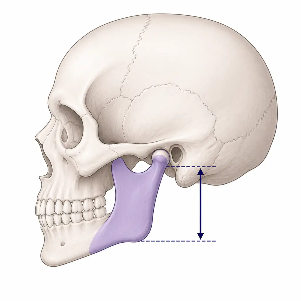 Anatomical diagram of the jaw showing ramus height on a human skull profile