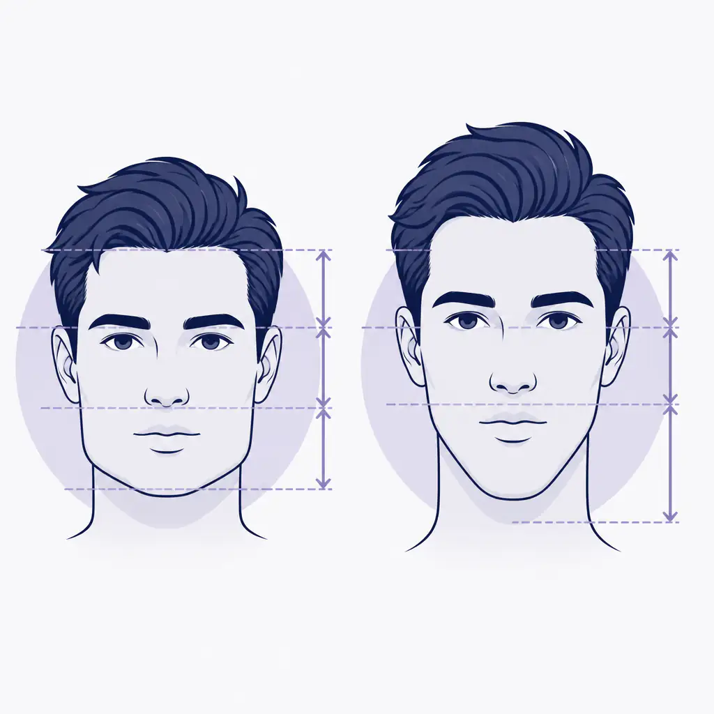 Front-view facial proportion comparison illustrating short vs long ramus lower face height