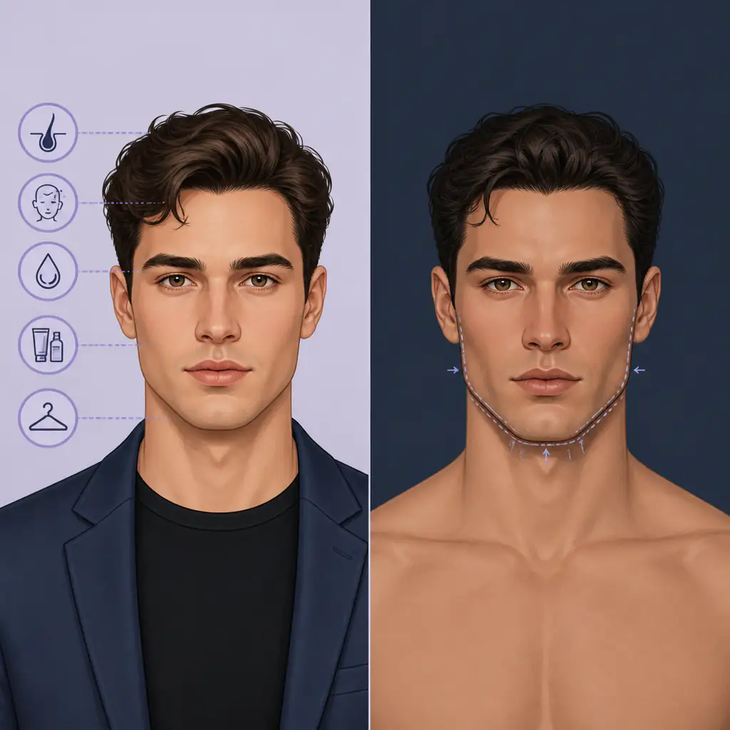 Softmaxxing vs hardmaxxing comparison illustration showing lifestyle versus structural facial changes