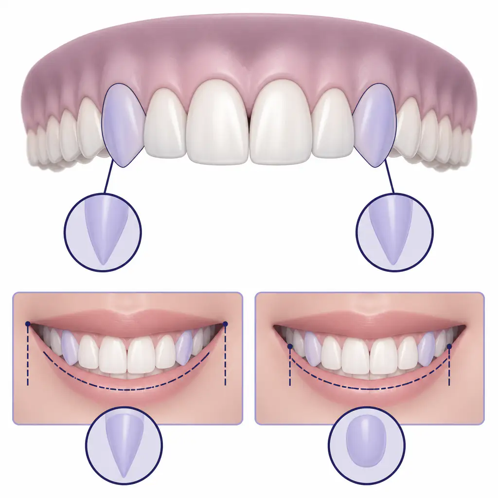 Diagram of upper dental arch highlighting sharpened canine teeth position and smile width