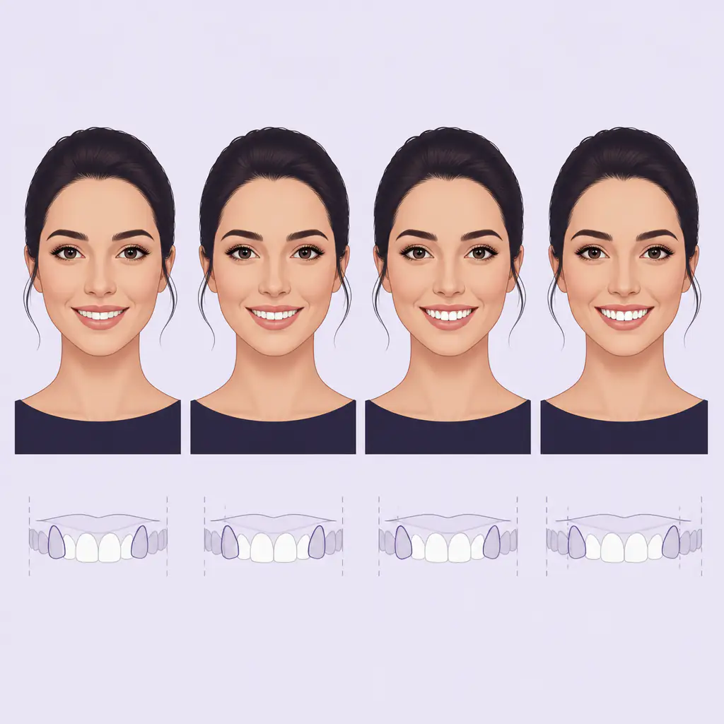Illustration comparing 6, 8, 10, and 12 teeth smile widths with canines highlighted