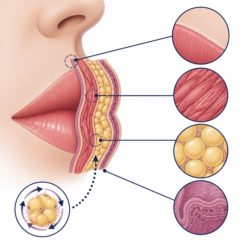 Anatomical diagram of lip tissue layers showing fat pad location relevant to volufiline mechanism