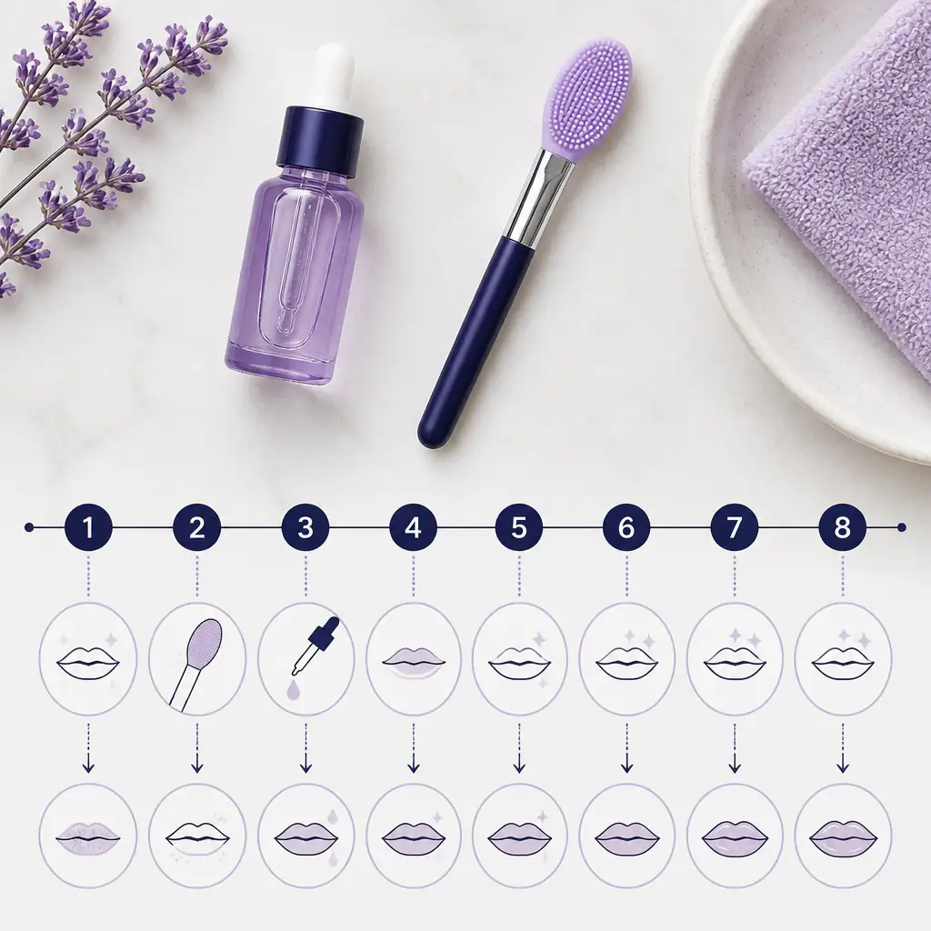 Volufiline lip serum application routine flat lay with eight-week progress timeline