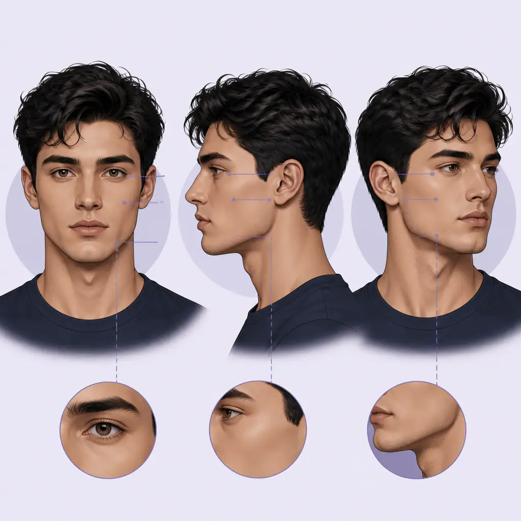 Three-angle looksmaxxing facial analysis diagram showing key features