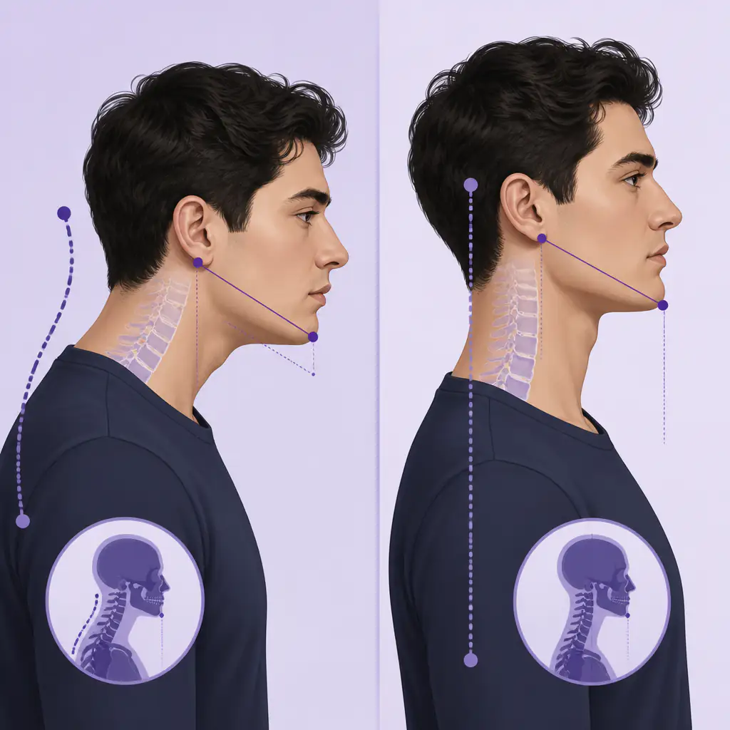 Before and after posture comparison showing effect on jawline definition in looksmaxxing