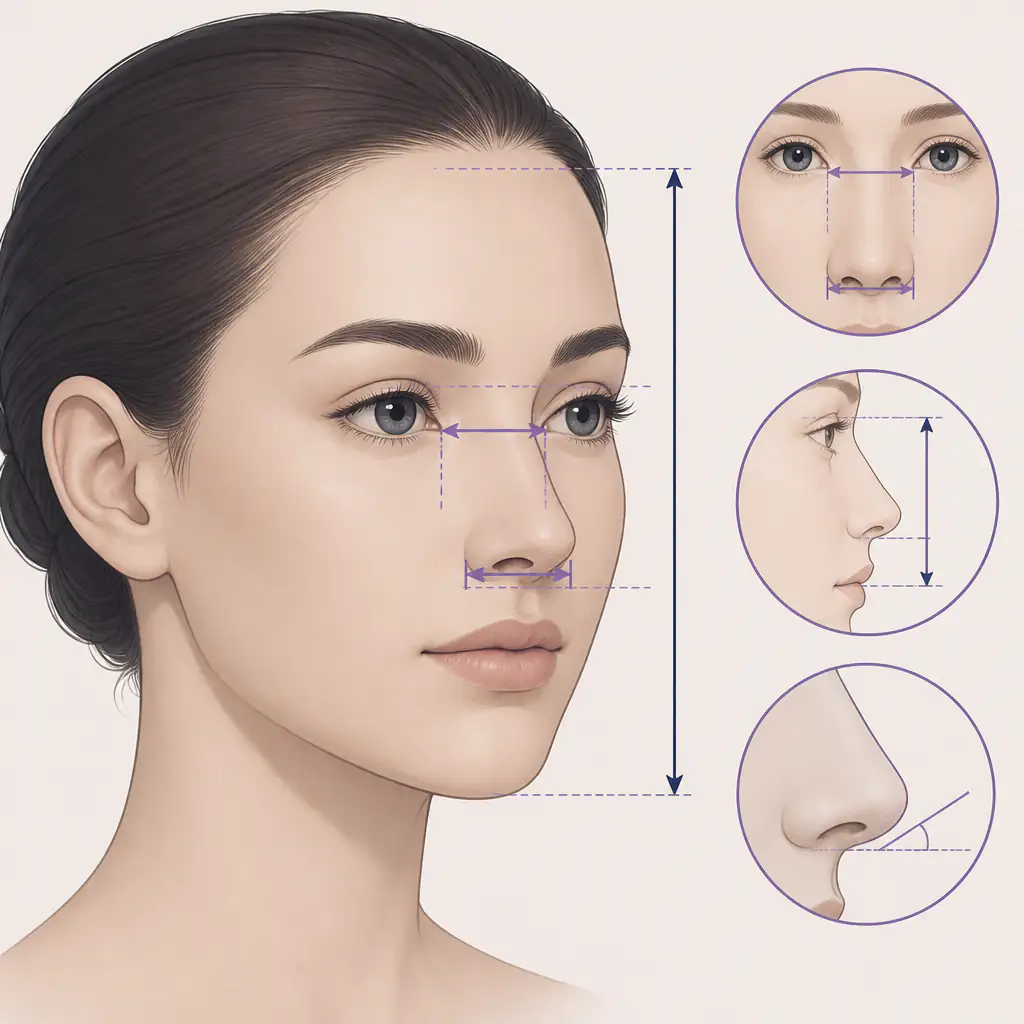 Facial proportion diagram showing why big nose features read as unattractive