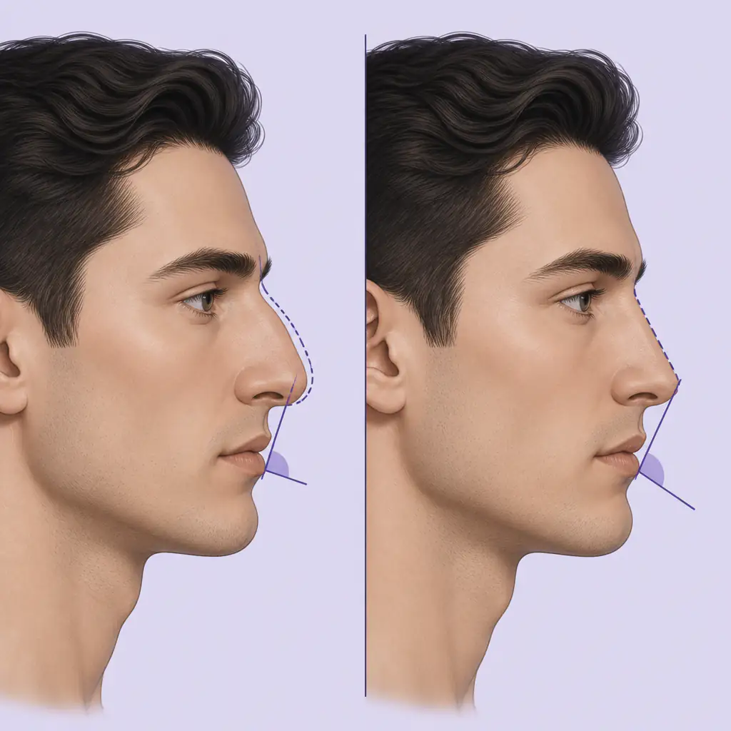 Side profile comparison showing dorsal hump versus straight nasal bridge in facial aesthetics