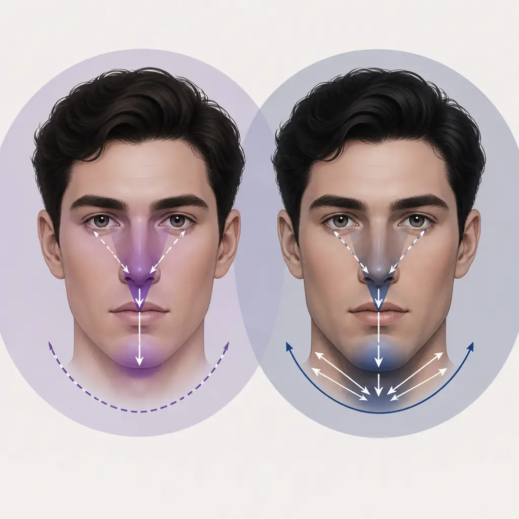 Diagram showing how chin projection compensates for a prominent nose in facial balance