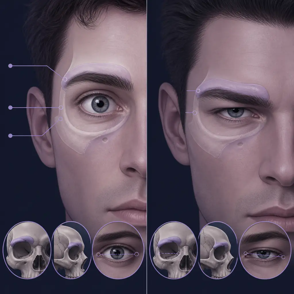 Diagram comparing hunter eyes versus prey eyes in men showing canthal tilt and orbital anatomy