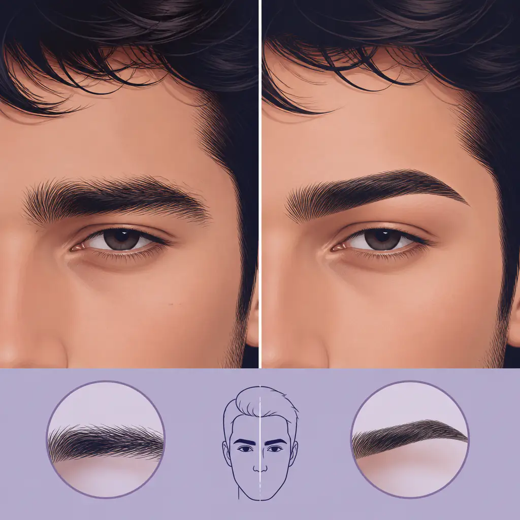 Before and after eyebrow grooming illustration for men with small eyes