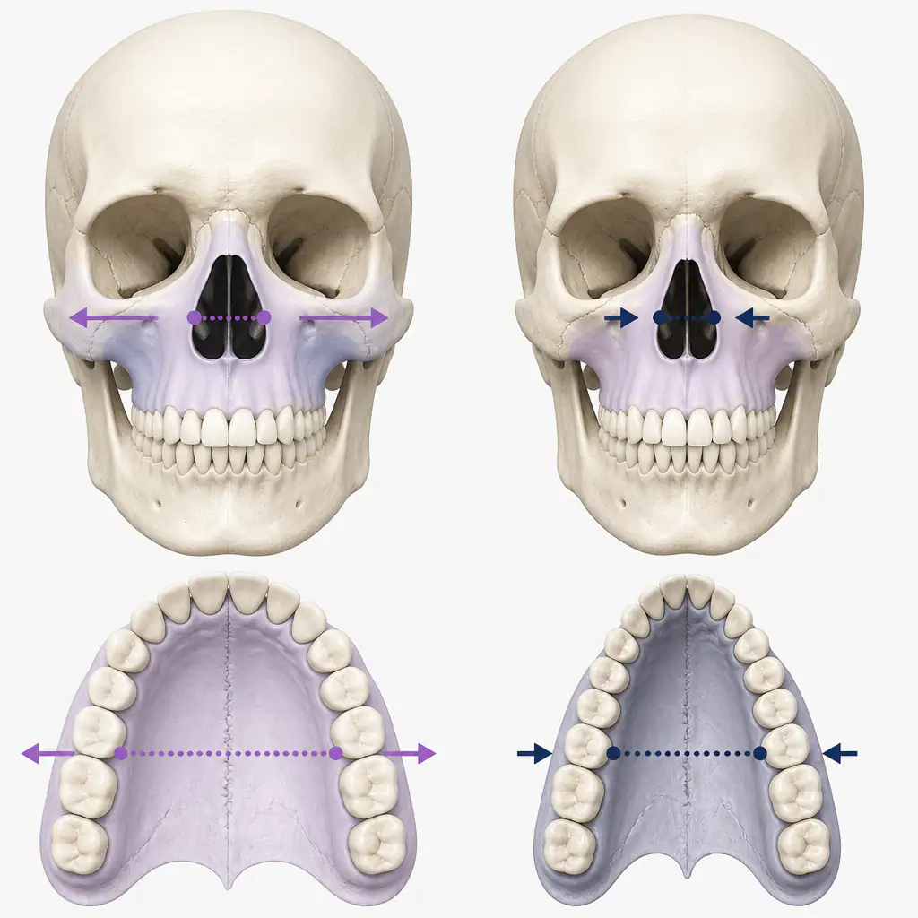 Diagram comparing wide vs narrow palate in human skull anatomy