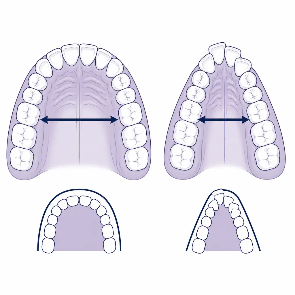 Palatal view diagram comparing wide and narrow dental arch shapes