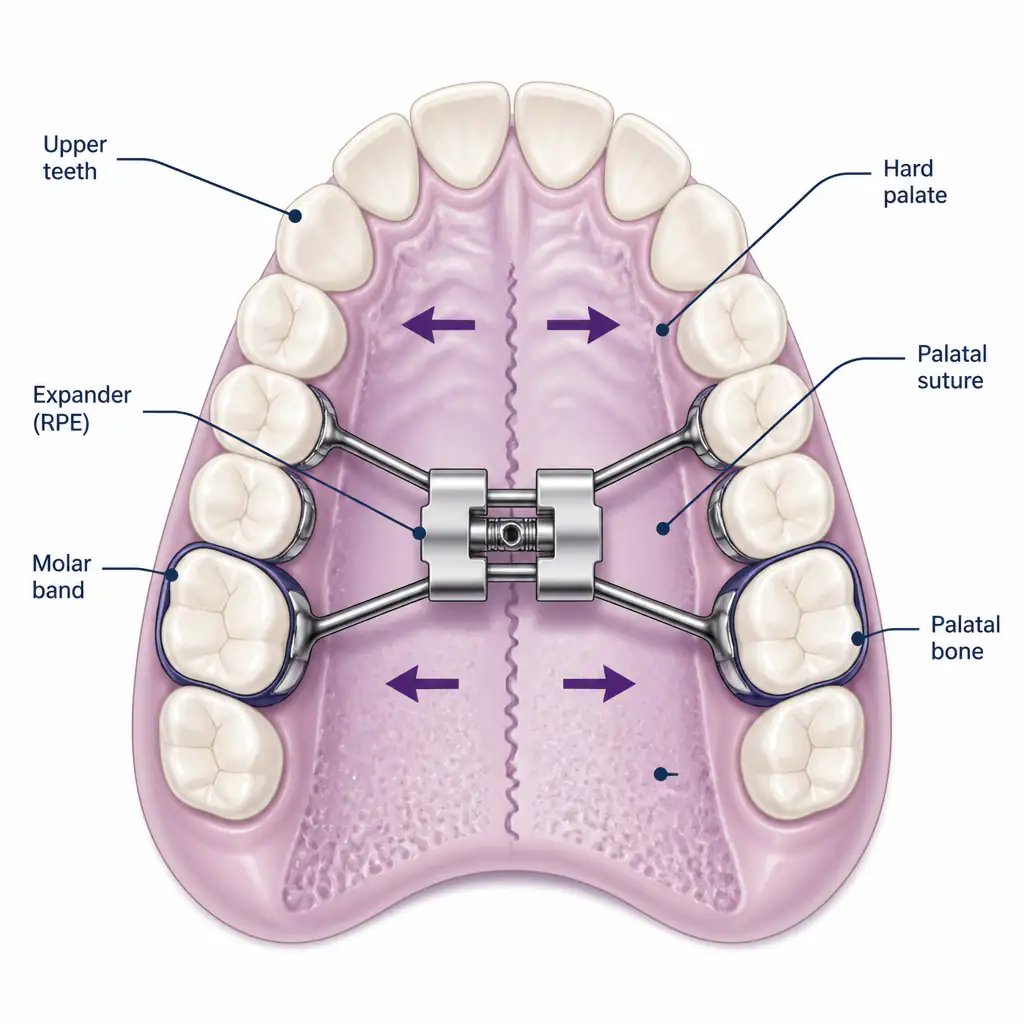 Illustration of a rapid palatal expander device used to widen a narrow palate