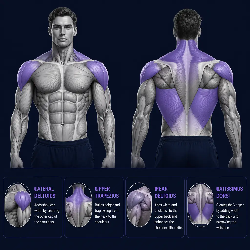 Upper body muscles responsible for v taper and y taper aesthetics