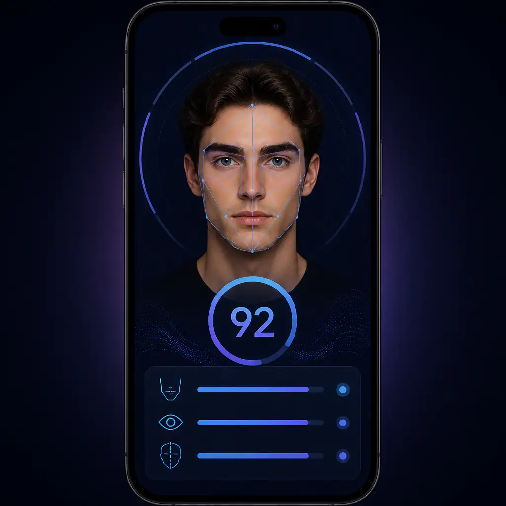 AI face rating interface showing attractiveness score and facial feature analysis