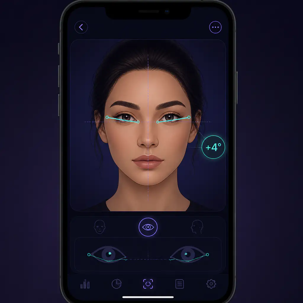 AI canthal tilt checker interface showing eye angle measurement on a phone screen