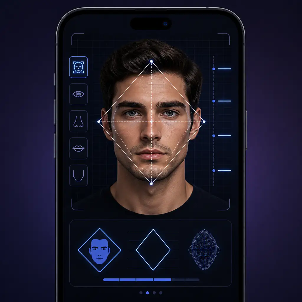 AI masculine face shape detector interface showing geometric face mapping