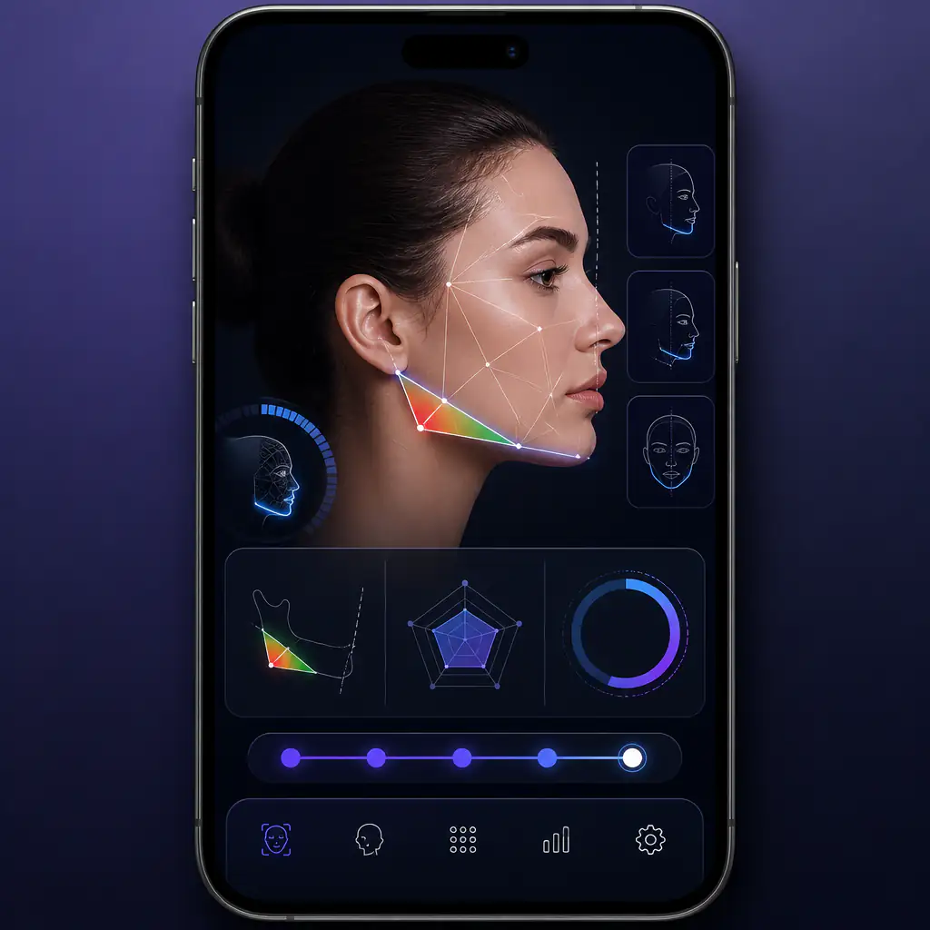AI jawline analyzer interface showing mewing exercises for jawline improvement with facial measurement overlays