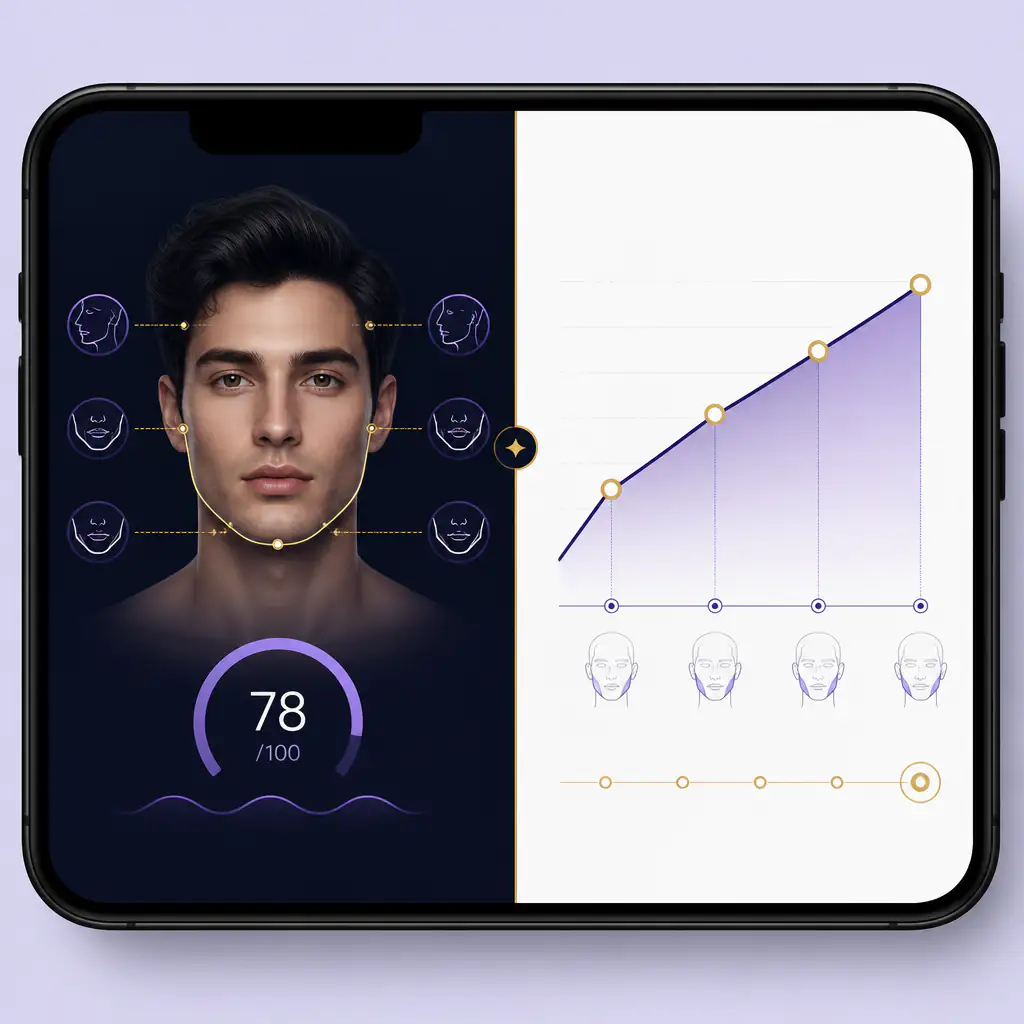 AI mewing results tracker showing jawline analysis and progress graph