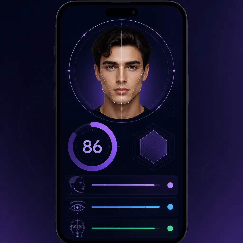 PSL scale calculator interface showing facial analysis scores on a phone screen